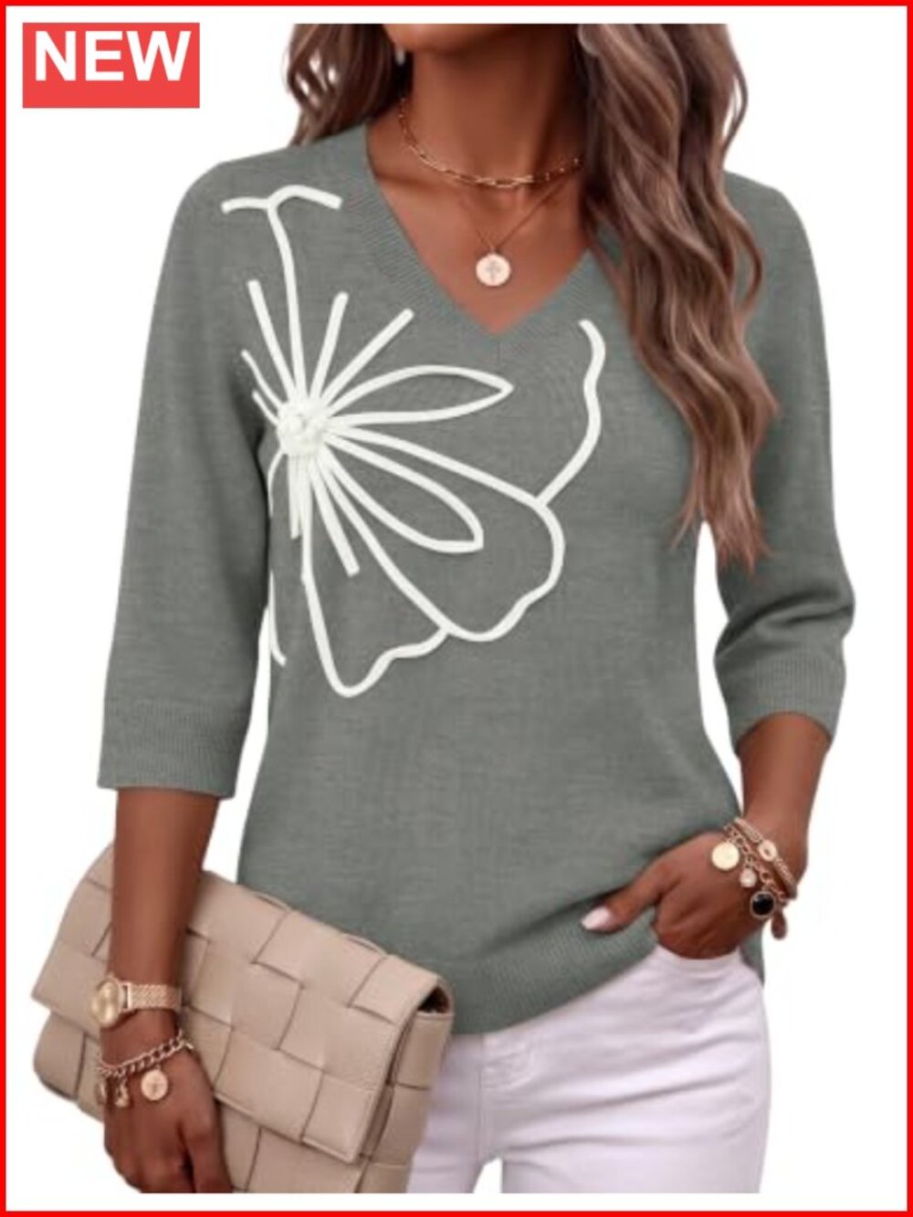 Womens V Neck Sweater 3/4 Sleeve Pullover Knit Top